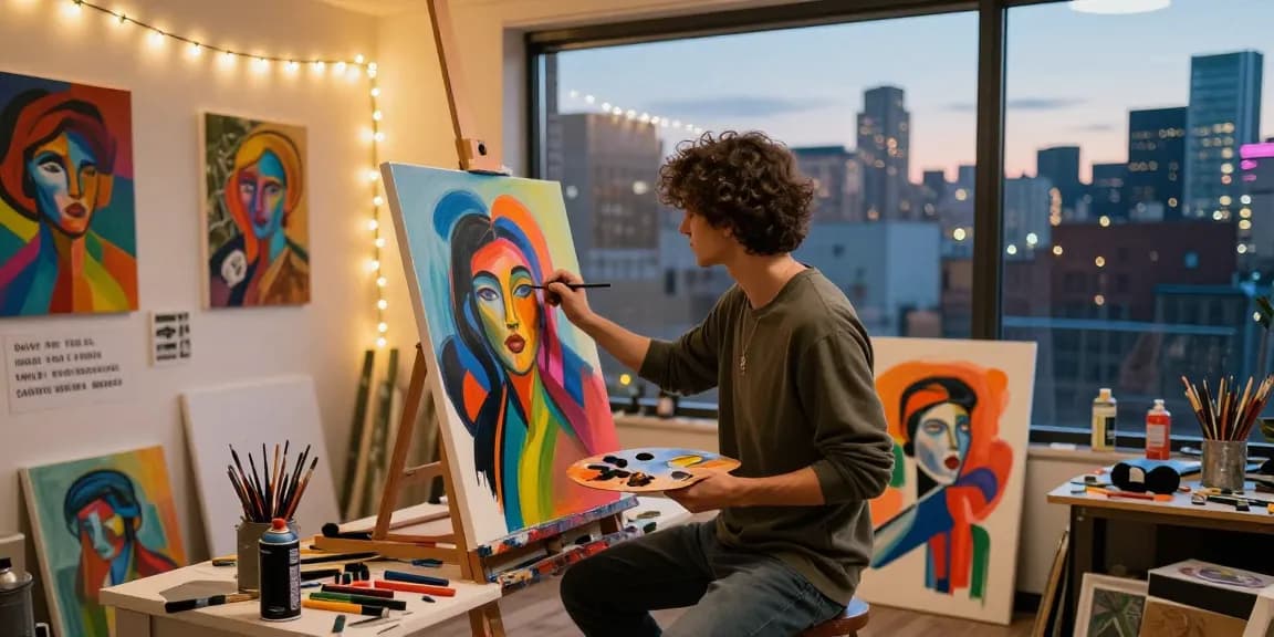 NSFW art scene showing vibrant painting process in urban studio with creative tools