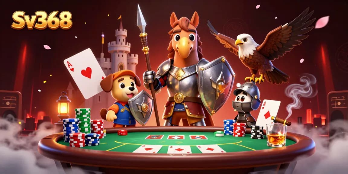 Sv368 Poker showdown featuring a knight, puppy squire, and falcon in a dynamic casino setting.
