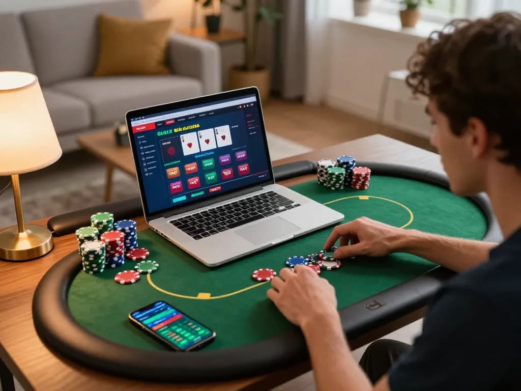 KJC online gaming experience with a player engaged at a laptop, colorful chips visible.