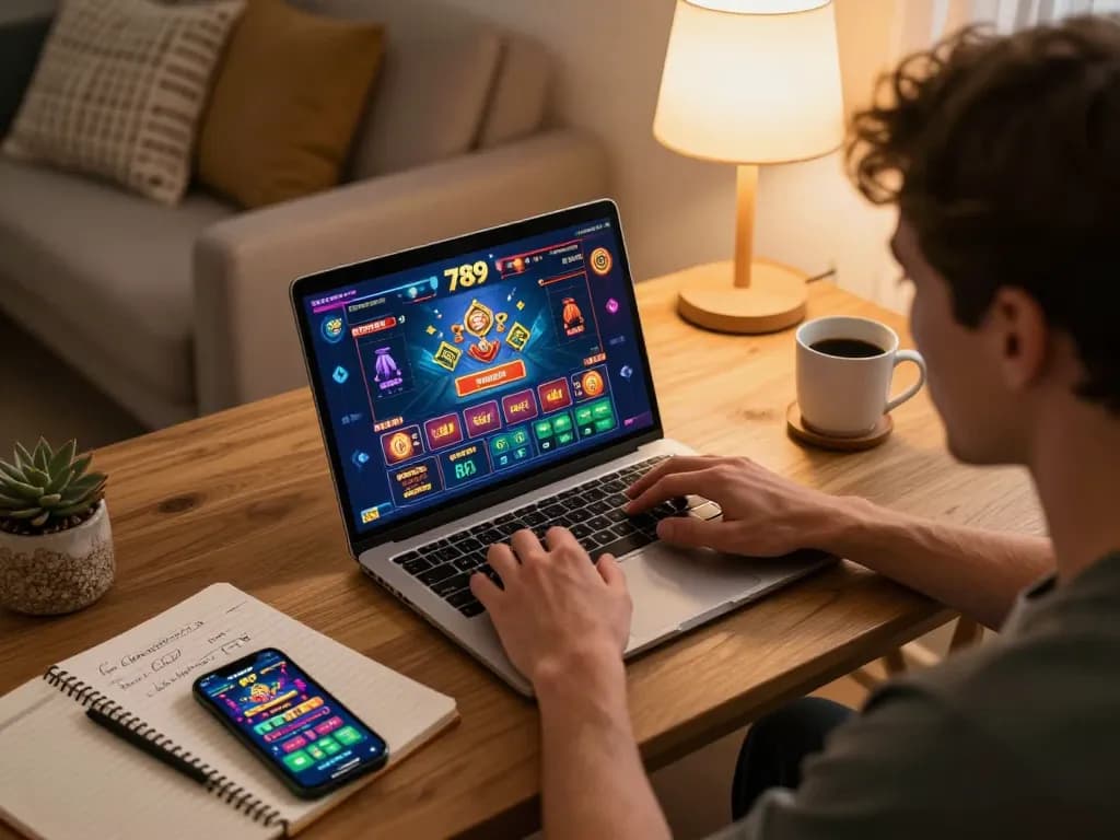 Player enjoying a 789 online casino game on a laptop with strategic notes beside them in a cozy home.