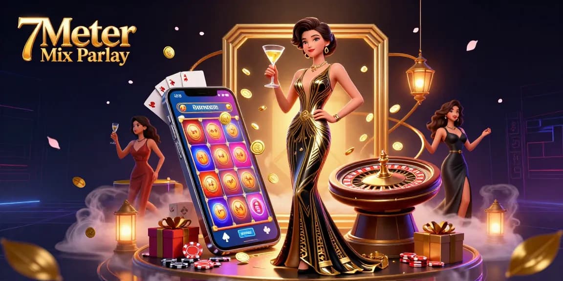 Experience the thrill of 7Meter Mix Parlay, showcasing strategic sports betting and glamorous casino elements.