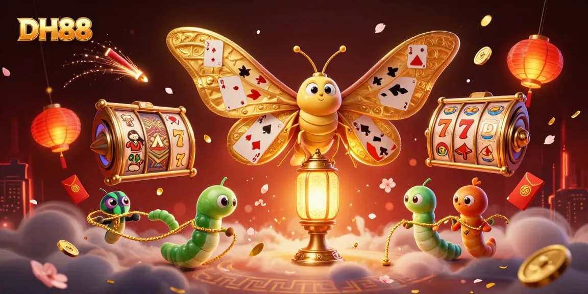 Win big at DH88 with vibrant 3D casino elements showcasing slots and jackpots in an enchanting scene.