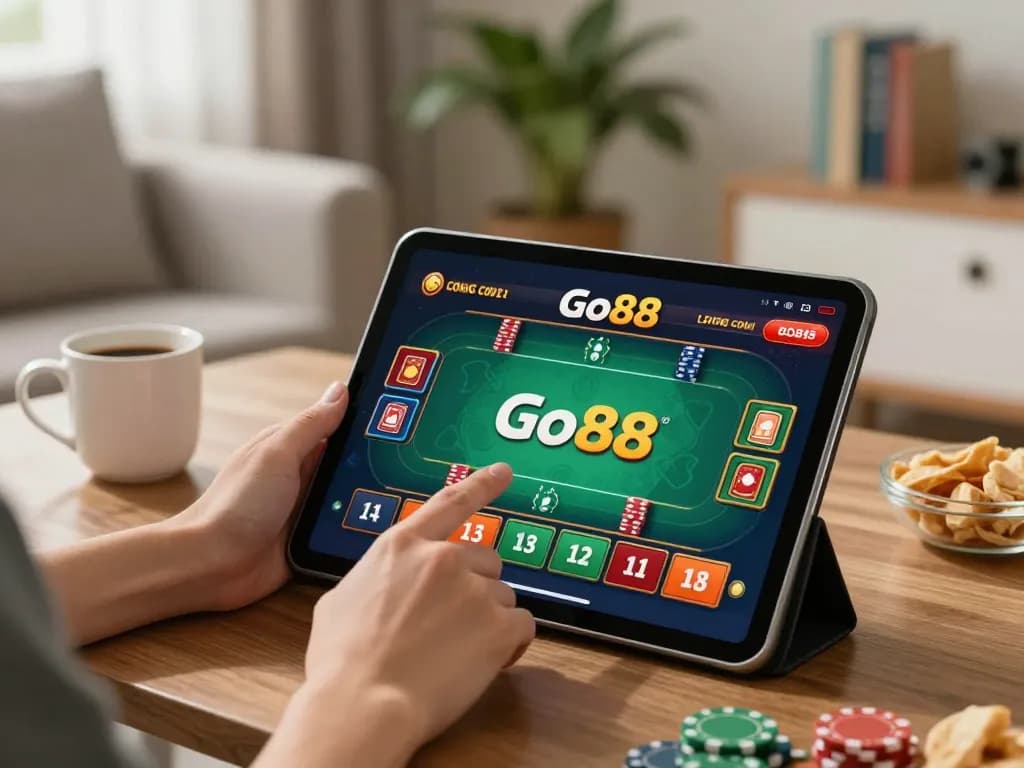 Engaged player enjoying a Go88 online casino game on a tablet in a cozy home setting.