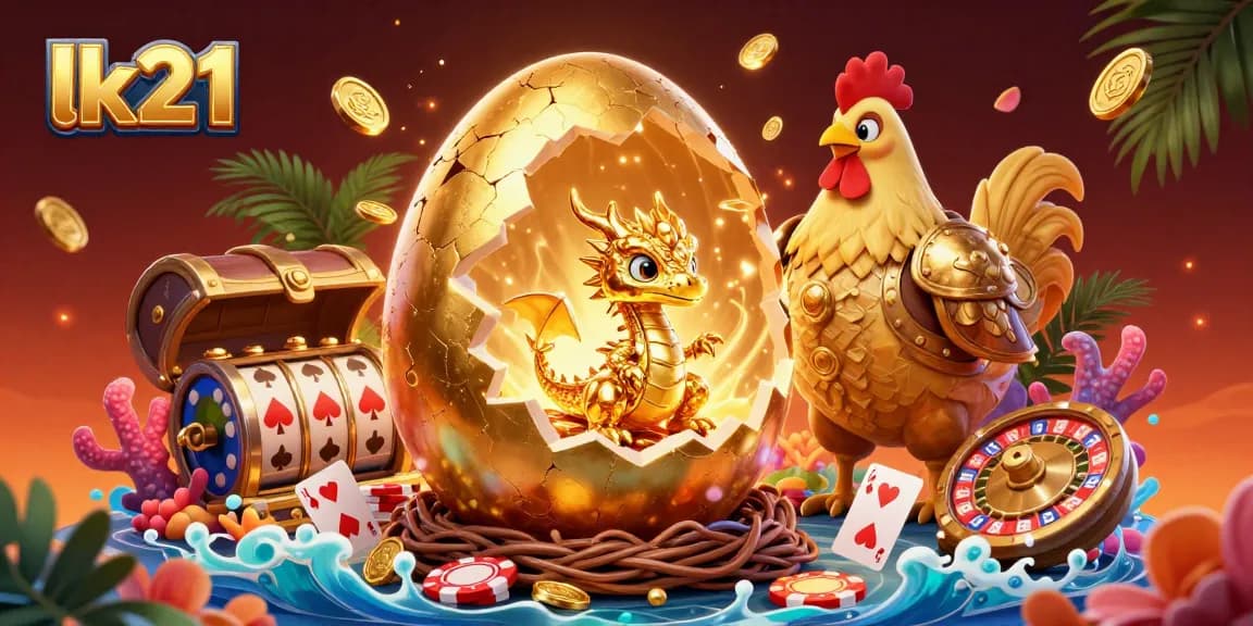 Engage with exciting gambling scenes featuring lk21 and vivid illustrations of golden treasures and games.