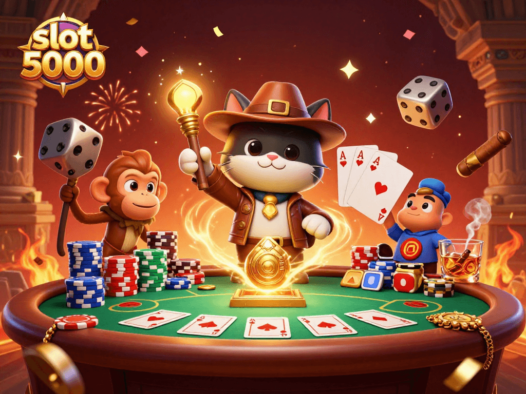 Engage with slot 5000 in this vibrant 3D casino illustration showcasing an adventurous cat with a golden artifact.