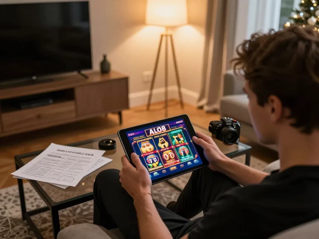 Player enjoying online games at ALO8 casino platform from home setup, showcasing strategy notes