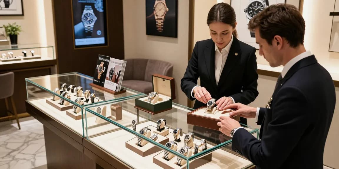 Showcase of rolex super clone watches in a luxurious boutique with elegant decor.