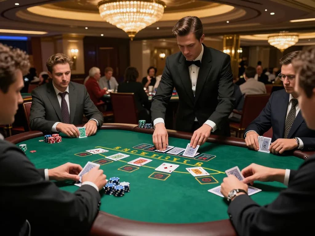 Players engaging in strategic betting at an LLwin blackjack table in a luxury casino environment