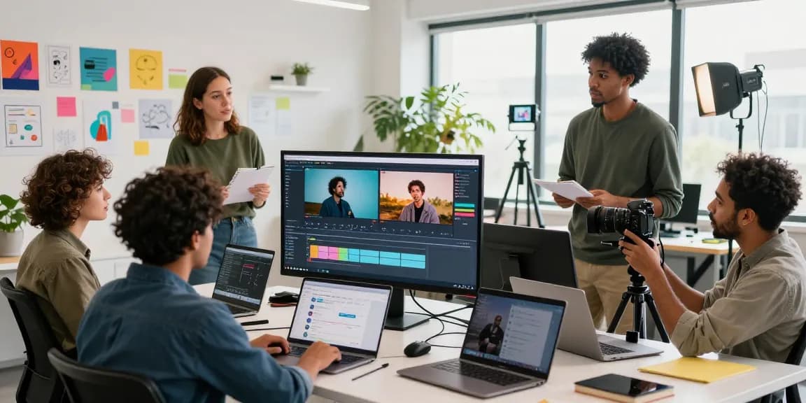 Team of creators collaborating on ai seedance 2.0 video projects in a modern workspace.