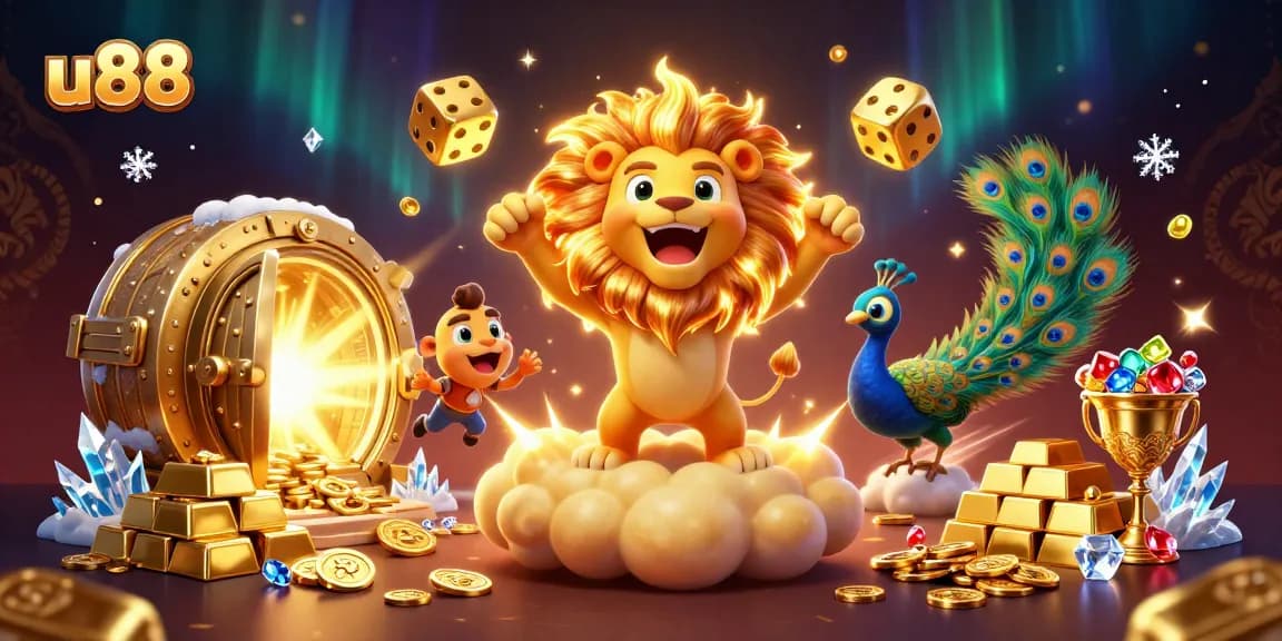 Engage with u88's vibrant casino adventure, featuring a roaring lion and golden dice among treasure.