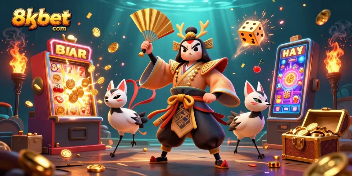 Experience the excitement of 8xbet com with a vibrant jackpot scene, featuring a kabuki warrior and rich casino elements.