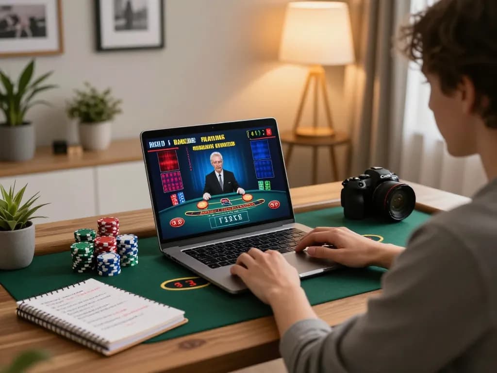 Engaged player enjoying blackjack at home online casino with thabet strategy notes.