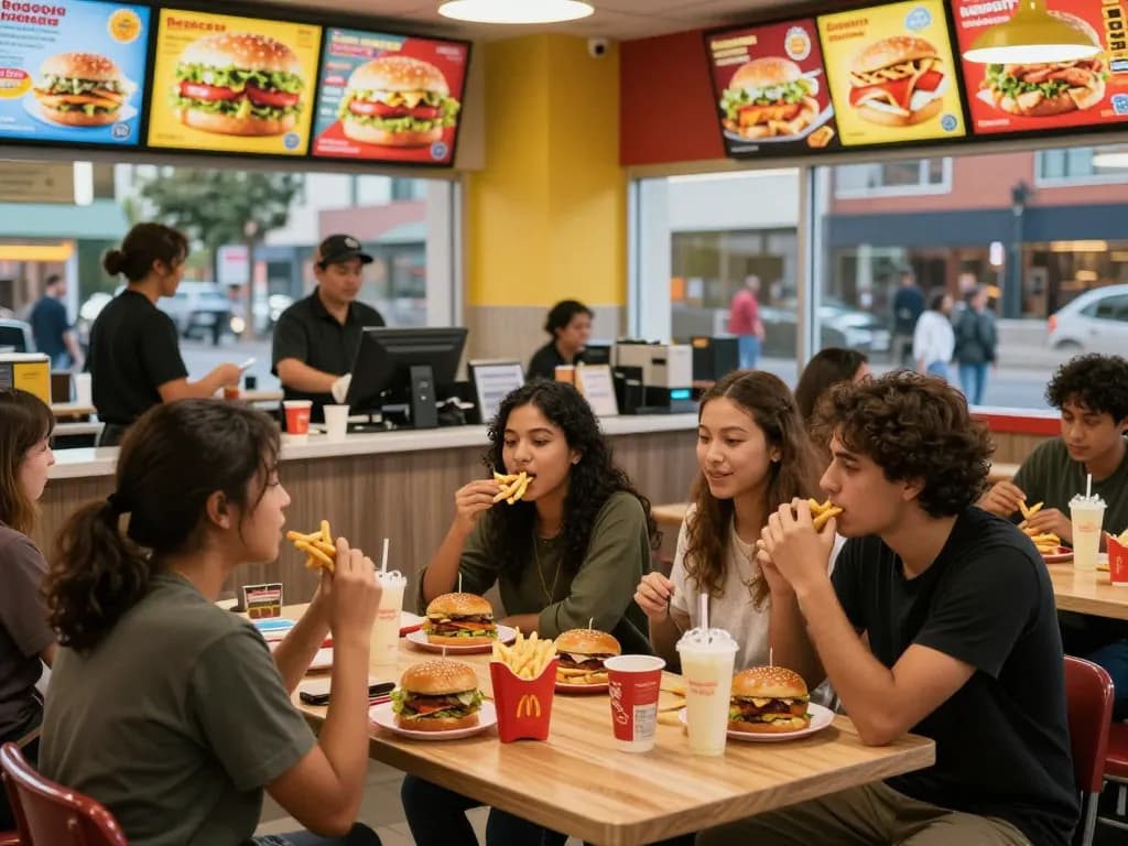 Fast food menu with friends enjoying burgers and fries in a lively restaurant.