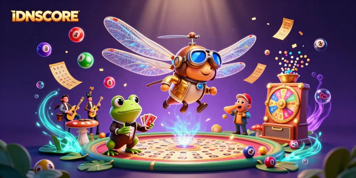 Experience IDNSCORE's vibrant casino atmosphere with a dragonfly pilot, frog croupier, and lively music in this dynamic gaming scene.