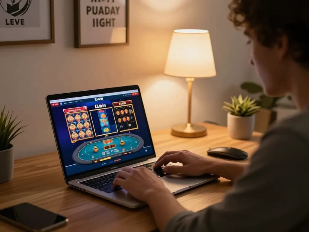 Player engaging with LLwin online casino platform on a stylish home desk, showcasing modern gaming experience.