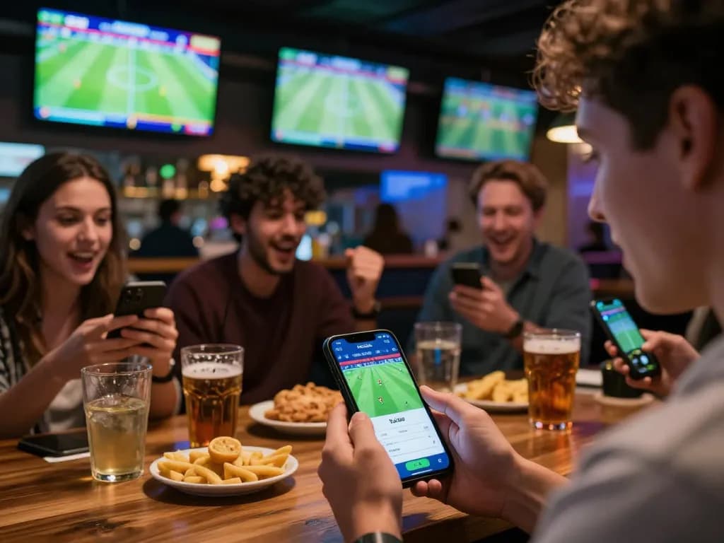 Socolive link displayed on smartphone as patrons enjoy live sports betting at a bar