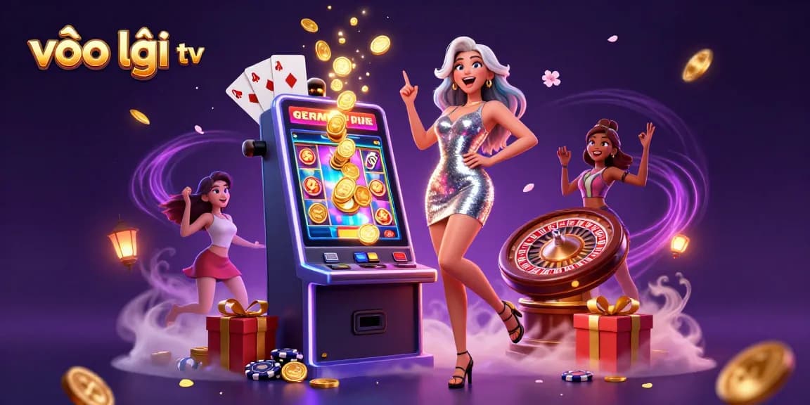 Win big at vào lưới tv, featuring a celebratory woman by a slot machine amidst golden coins and vibrant casino elements.