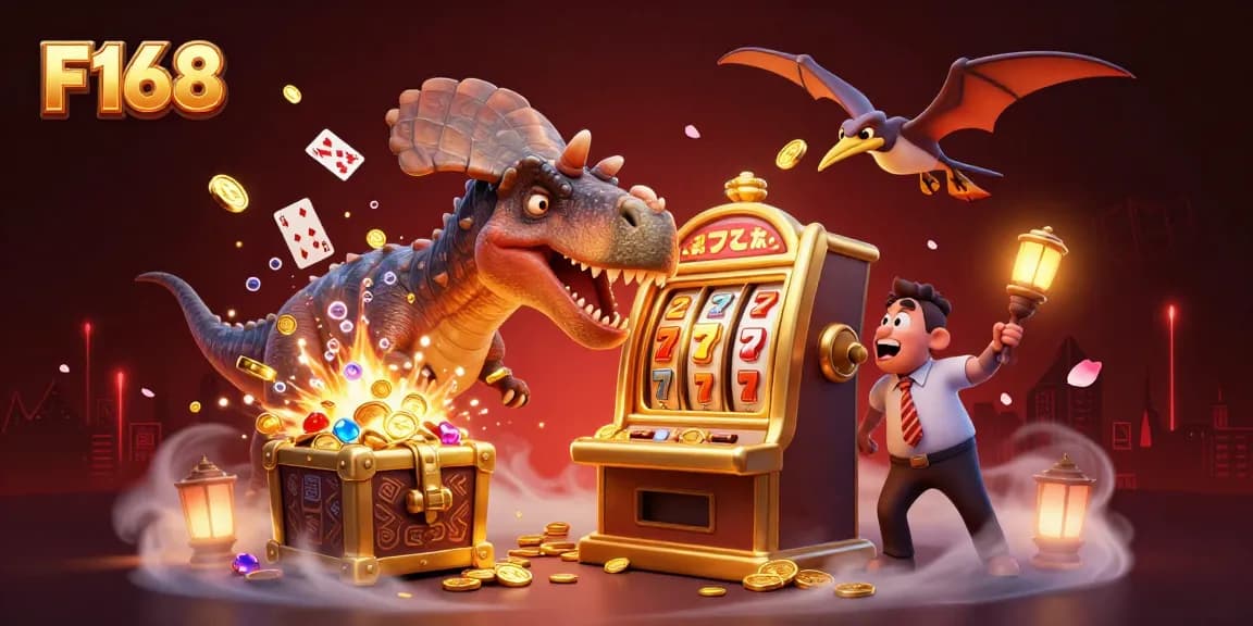 F168 features a pachycephalosaurus winning jackpots at a casino scene filled with gold coins and vibrant elements.