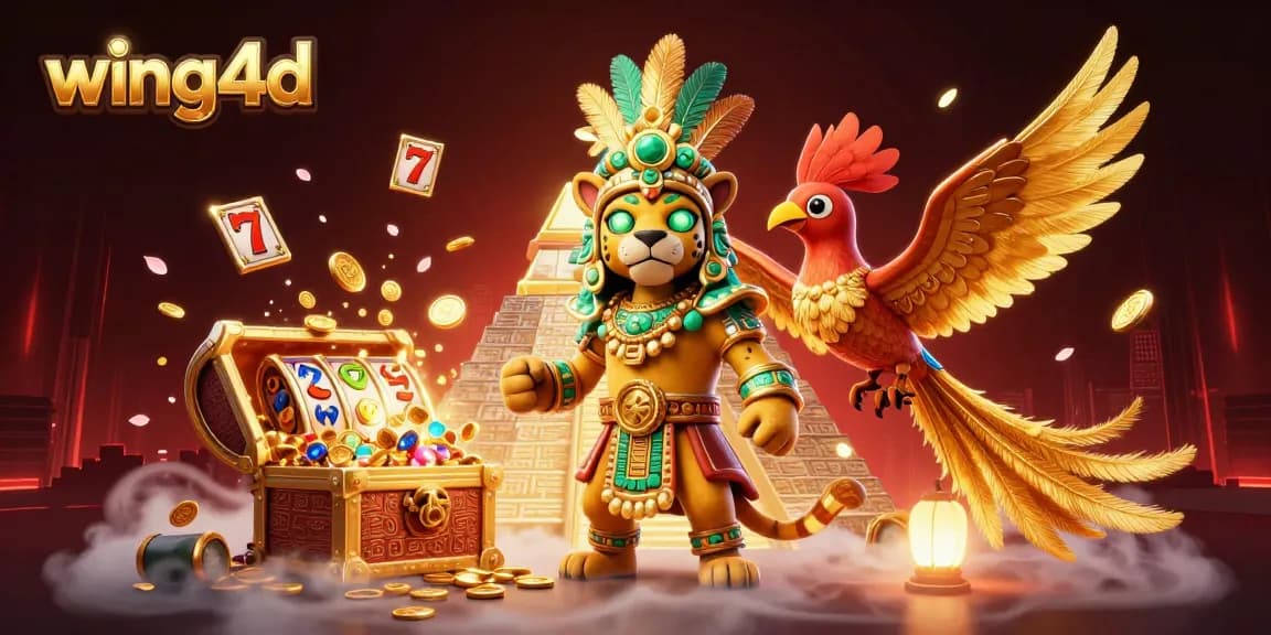 Join the action at wing4d with an energetic scene featuring slot reels and treasure in a vibrant casino setting.