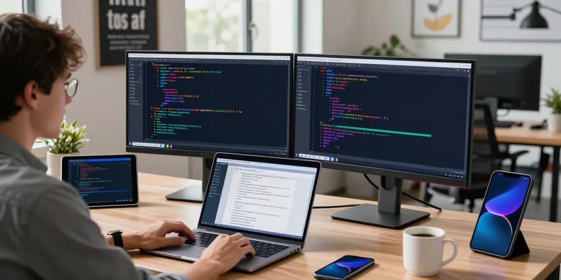 Developer optimizing the 纸飞机中文版 app in a modern tech workspace with dual monitors.