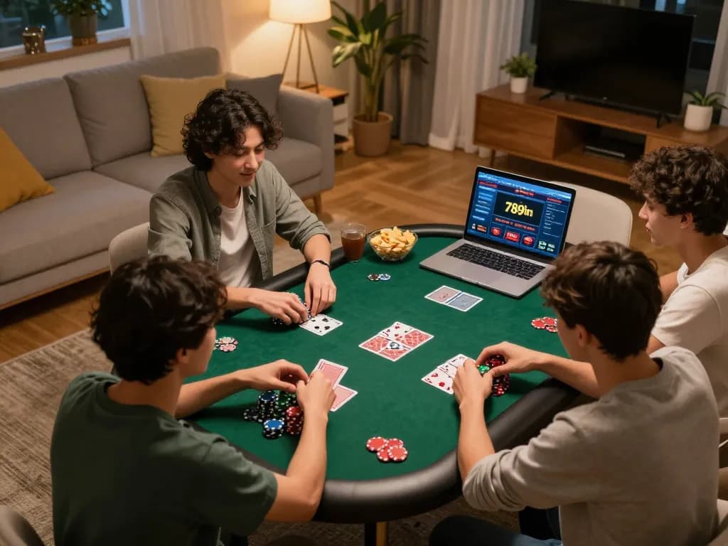 Friends enjoying an online poker night with 789win while analyzing their strategies at home.