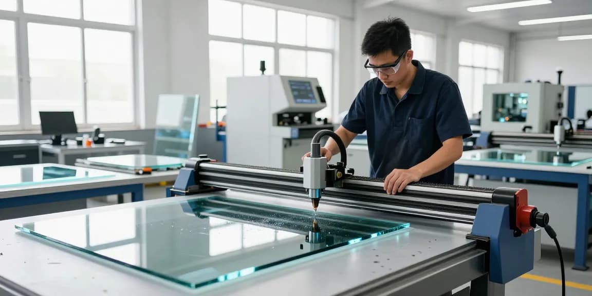 Technician using a glass cutting table in a bright glass processing workshop