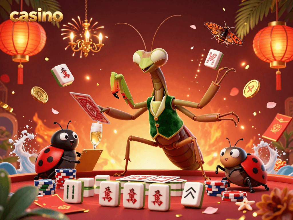 Engaging casino scene with a giant mantis card sharp, ladybug pit boss, and vibrant game elements.