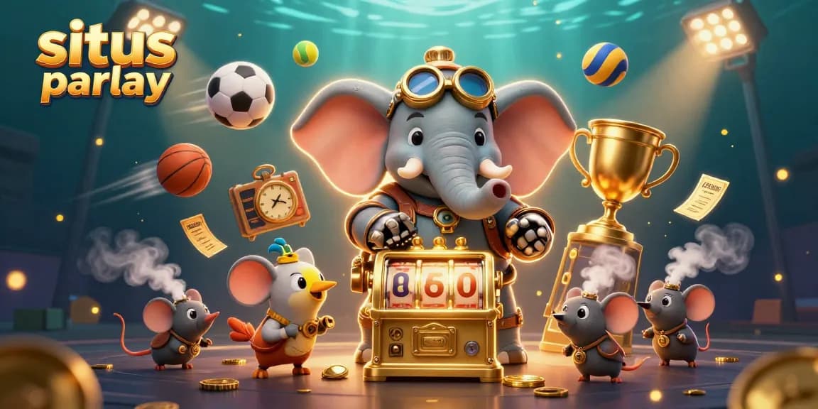 Engage in situs parlay betting as a steampunk elephant operates a golden slot machine with dynamic sports elements.