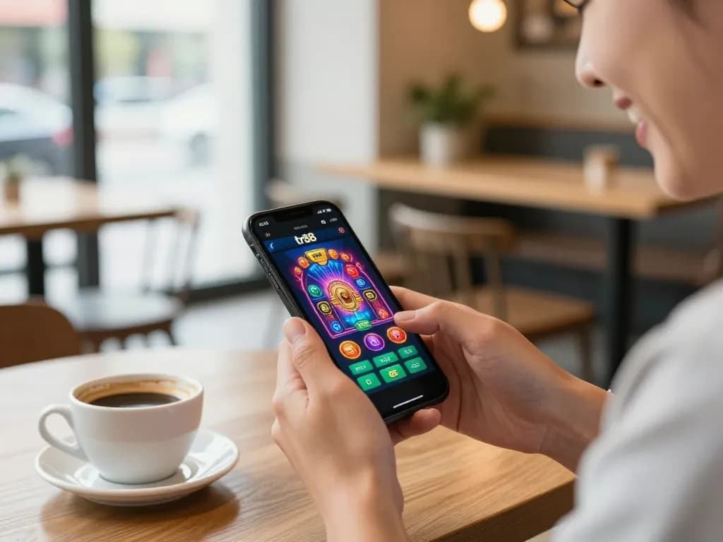 Tải tr88 app on a smartphone at a stylish cafe with bright ambiance and engaged player.
