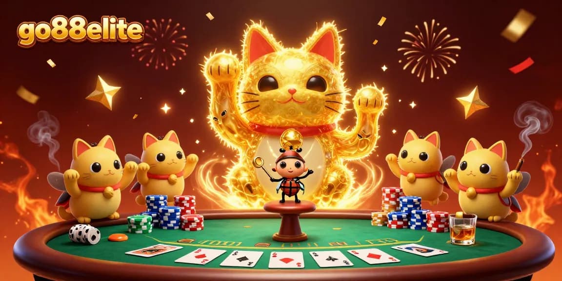Engage with go88elite's vibrant casino scene featuring a lucky cat and poker elements for thrilling action.