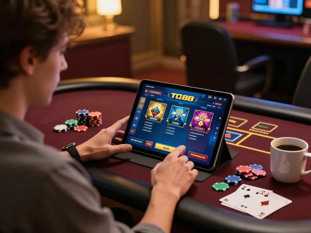 Engaging in online gaming with TG88 on a tablet, showcasing a cozy gaming setup.