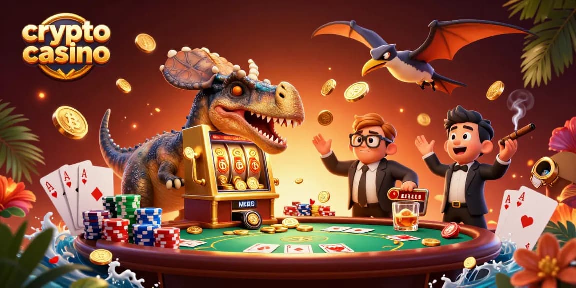 Célébrez le jeu au crypto casino avec un diplodocus interagissant avec une machine à sous dorée.