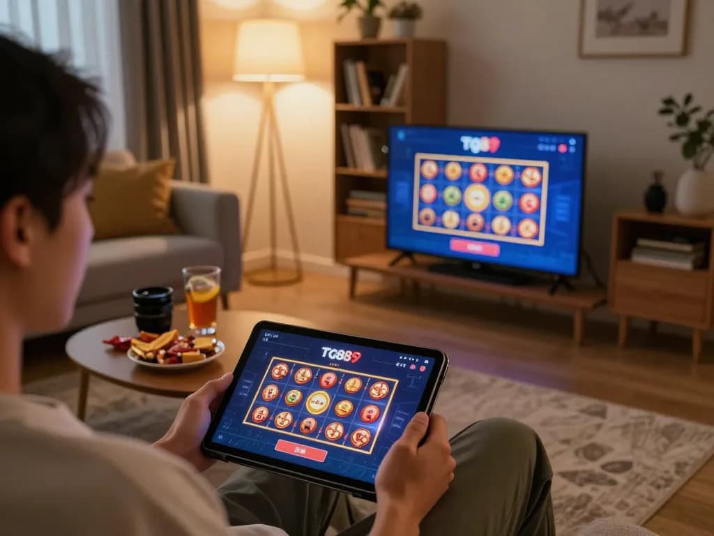 Engaged player enjoying tg88 casino app on tablet in cozy home setting, warm lighting.