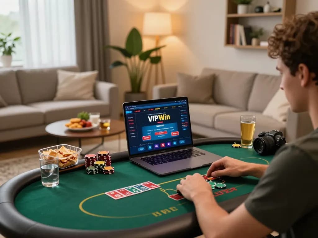 Engaging in poker gameplay on VIPWin platform in a cozy home gaming setup.