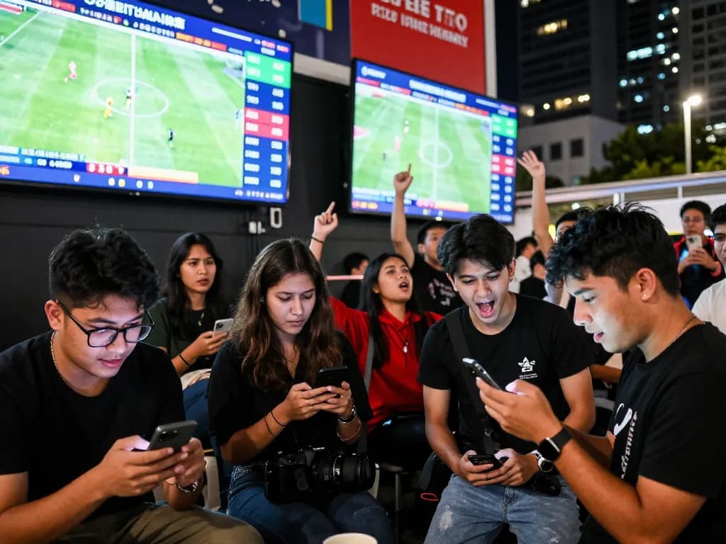 Engaged crowd watching live football matches while discussing kèo nhà cái odds in vibrant urban setting.