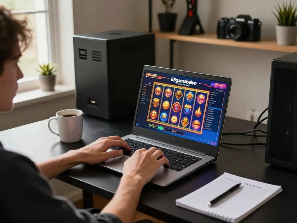 Player engaging with 68gamebaivn on a laptop, showcasing immersive online gambling experience.