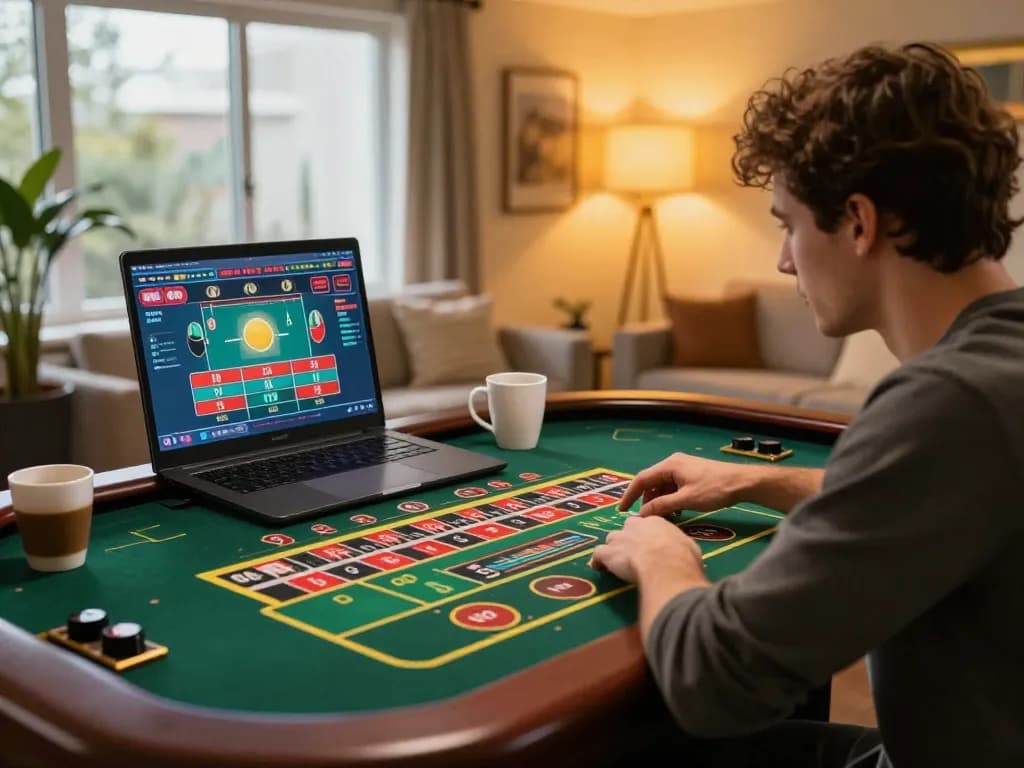MAX79 user actively playing roulette online in a cozy home setup, demonstrating strategic engagement.