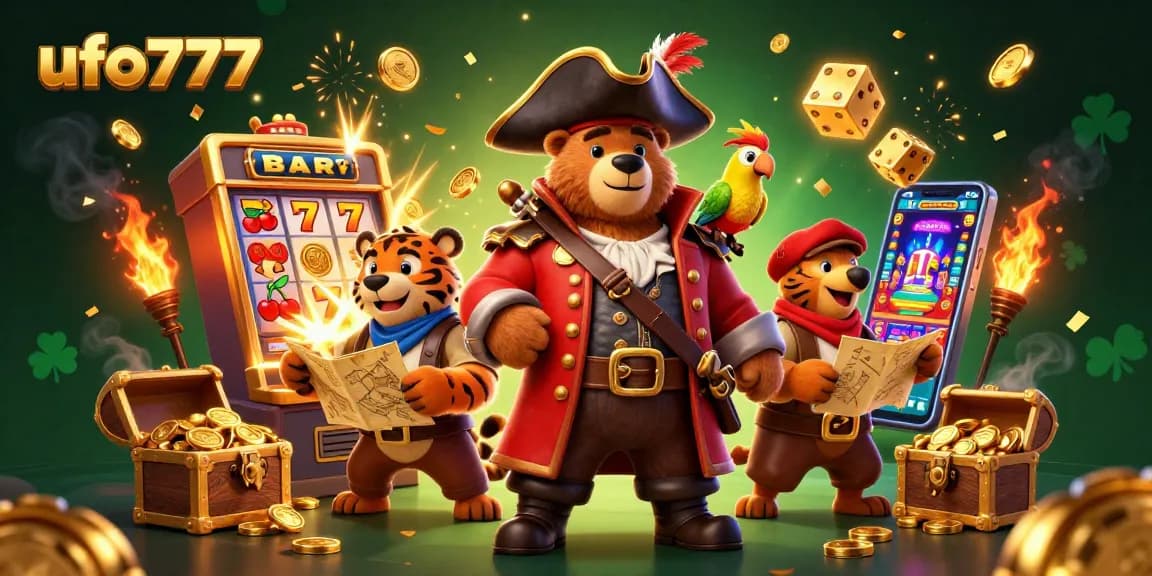 Spin jackpots with ufo777 featuring a vibrant 3D scene of pirate bear and tiger in casino