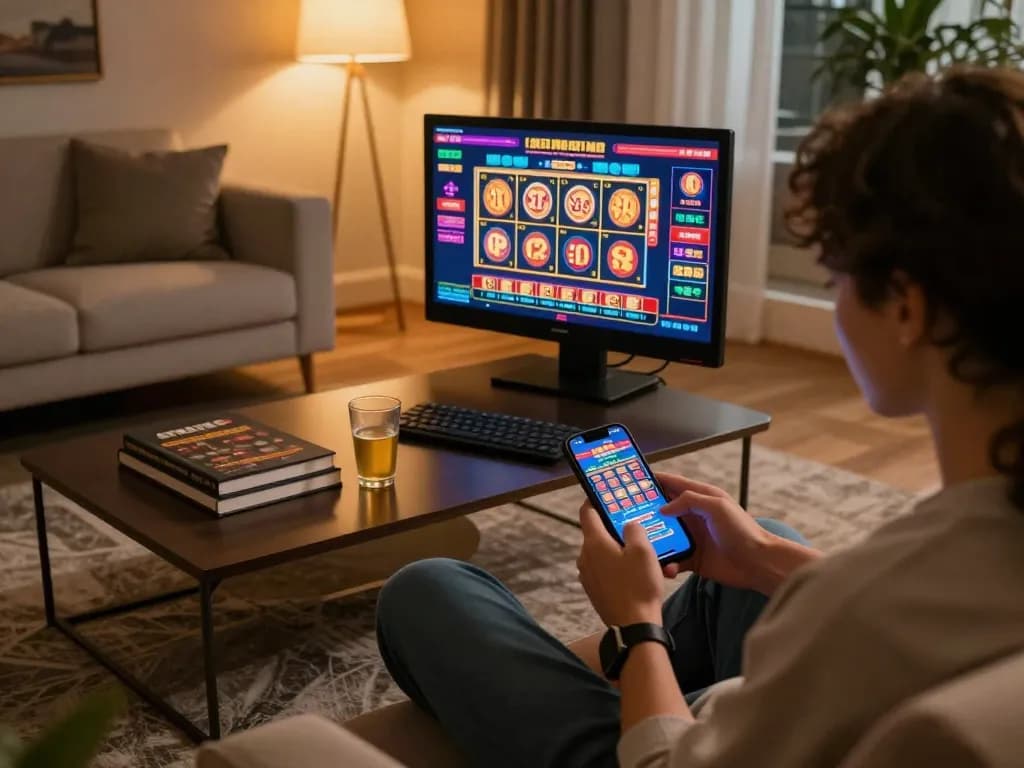 Player enjoying a strategic game session on abc8go mobile app in a cozy living room.