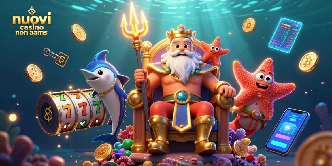 Gioca ai nuovi casino non AAMS con l'assistenza di un re del mare e simboli di fortuna in un ambiente colorato e interattivo.