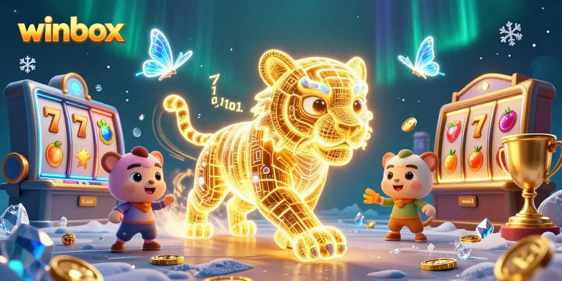 Engage with the excitement of winbox's vibrant casino scene featuring a neon tiger and dynamic slot elements.