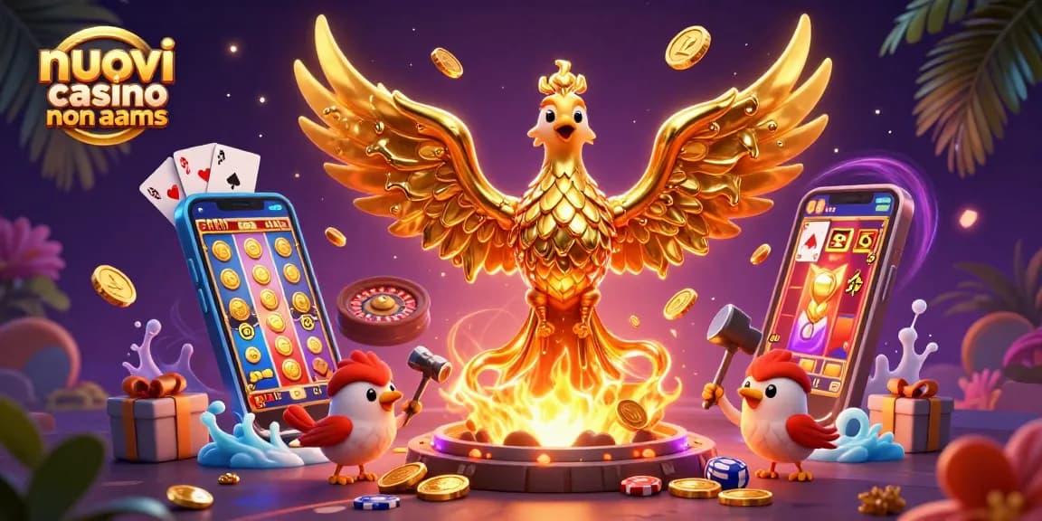 Scopri i nuovi casinò non AAMS: un'affascinante illustrazione 3D con una fenice d'oro e giochi di casinò.