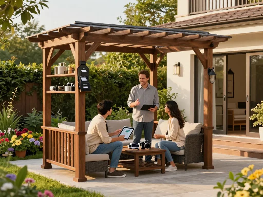 Engaging interaction with a customer using the 3D Pergola Configurator in a beautifully designed outdoor patio.