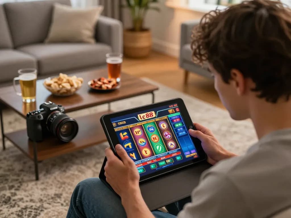 Engaging player enjoying lc 88 online slots on a tablet in cozy home setting.