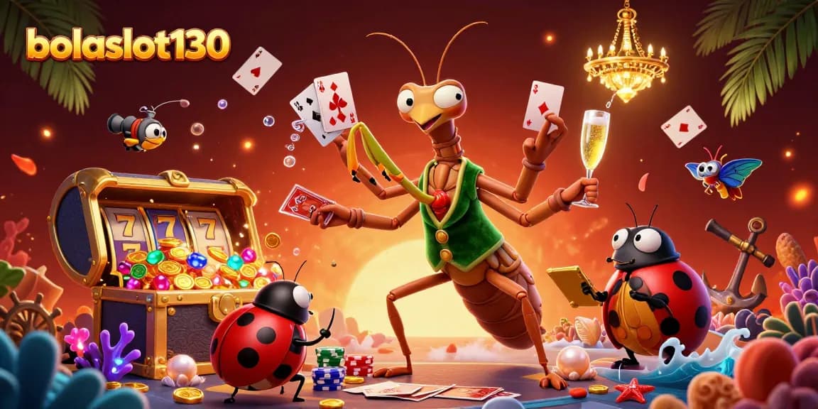 Experience the excitement of bolaslot130 with a vibrant casino scene featuring card dealing mantis and ladybug pit boss.