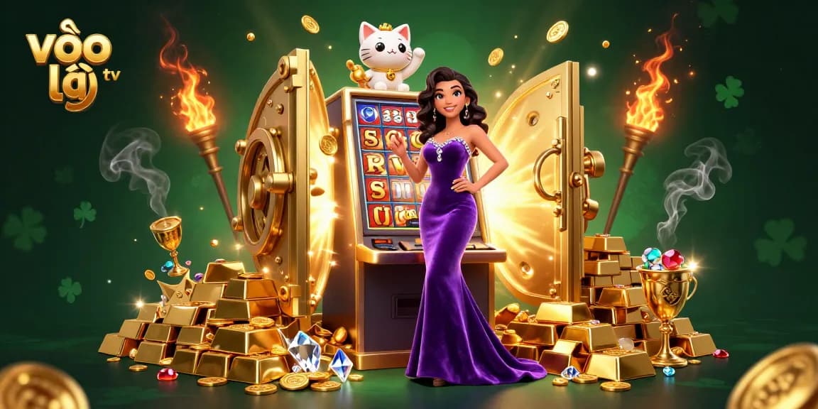 Enjoy a thrilling moment on vào lưới tv with a glamorous jackpot scene and fortune cat mascot.