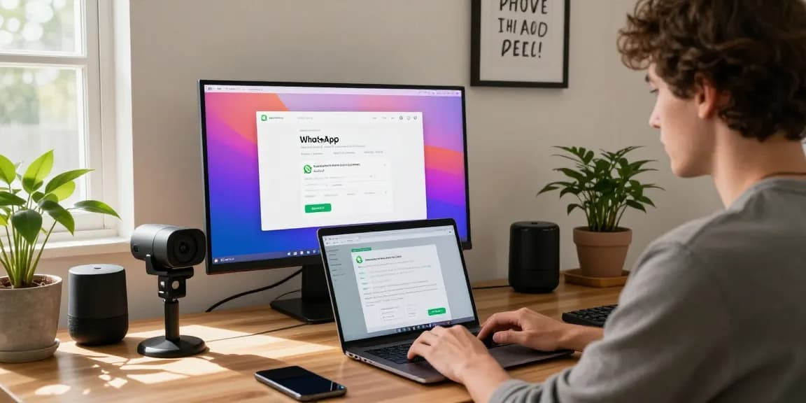 Engaged user accessing WhatsApp網頁版 on a laptop in a modern home office setting, showcasing productivity.