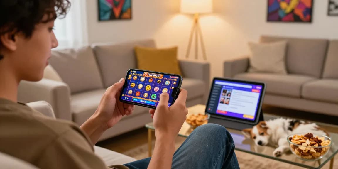 Excited player enjoying online slot games deposit pulsa tanpa potongan on smartphone in cozy living room.