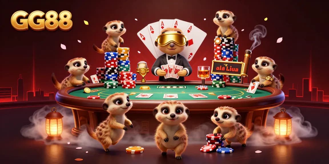 Experience thrilling gambling at GG88 where meerkats manage a vibrant casino filled with poker fun.