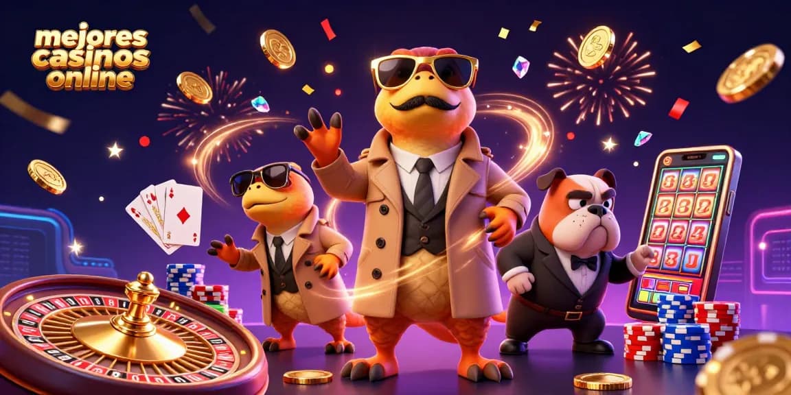 Jugando en los mejores casinos online, raptores en una escena de casino animada con luces y monedas.